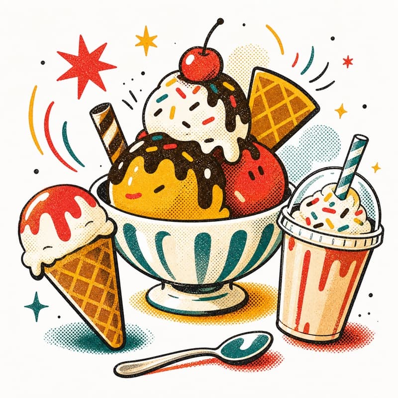 Ilustracja deseru lodowego i shake'a dla podstrony o lodach w Zamościu